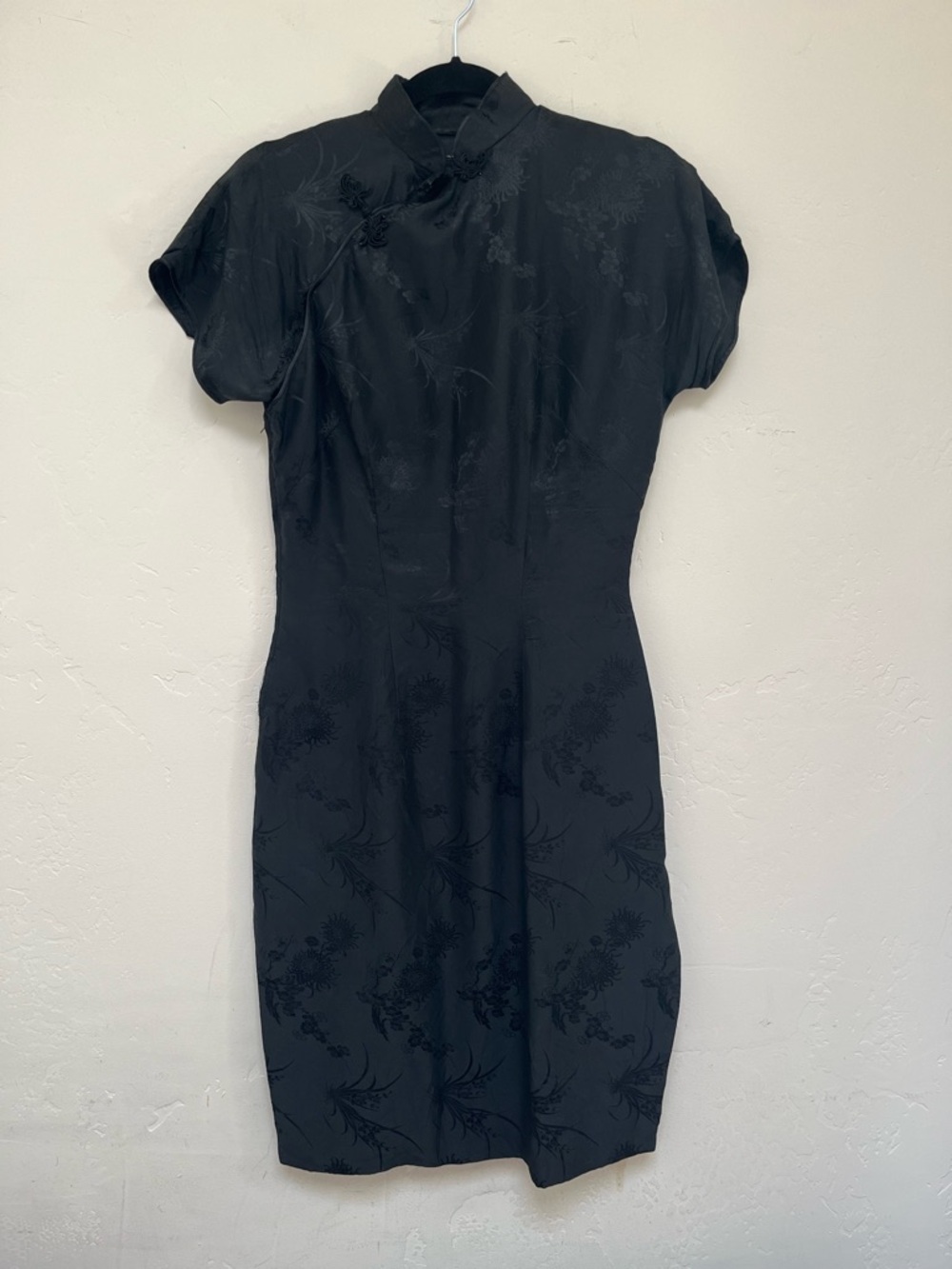 Vintage Qipao Chinese Black Silk Mandarin Collar Cheongsam Dress Sz S-M